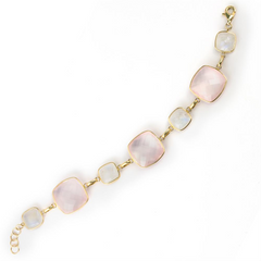 Cushion Shaped Moonstone & Rose Quartz 14K Yellow Gold Bracelet