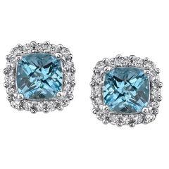 Blue Topaz Diamond Halo 14K White Gold Stud Earrings