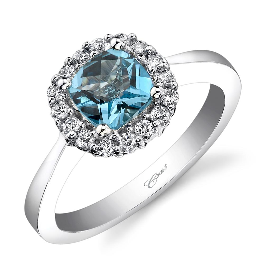 Blue Topaz Diamond Halo 14K White Gold Ring