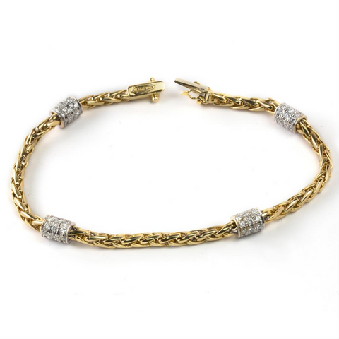 Yellow Gold Wheat Chain Bracelet with Diamond Stations 1.75 carats
