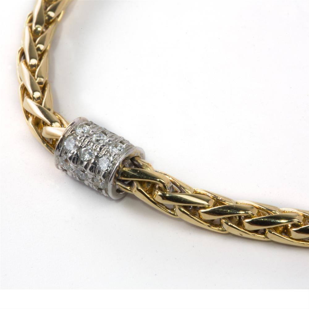 Yellow Gold Wheat Chain Bracelet with Diamond Stations 1.75 carats