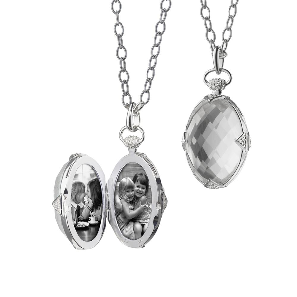 Monica Rich Kosann Sterling Silver Rock Crystal Locket Pendant with White Sapphire on 30" Chain