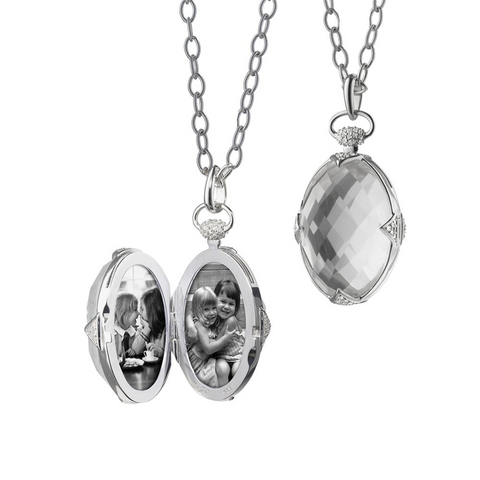 Monica Rich Kosann Sterling Silver Rock Crystal Locket Pendant with White Sapphire on 30" Chain