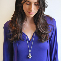 Monica Rich Kosann Sterling Silver Rock Crystal Locket Pendant with White Sapphire on 30" Chain