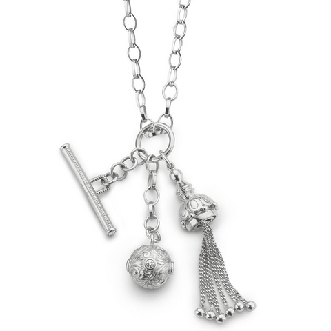 Monica Rich Kosann Sterling Silver Tassel, Ball, and Toggle Necklace with White Sapphires
