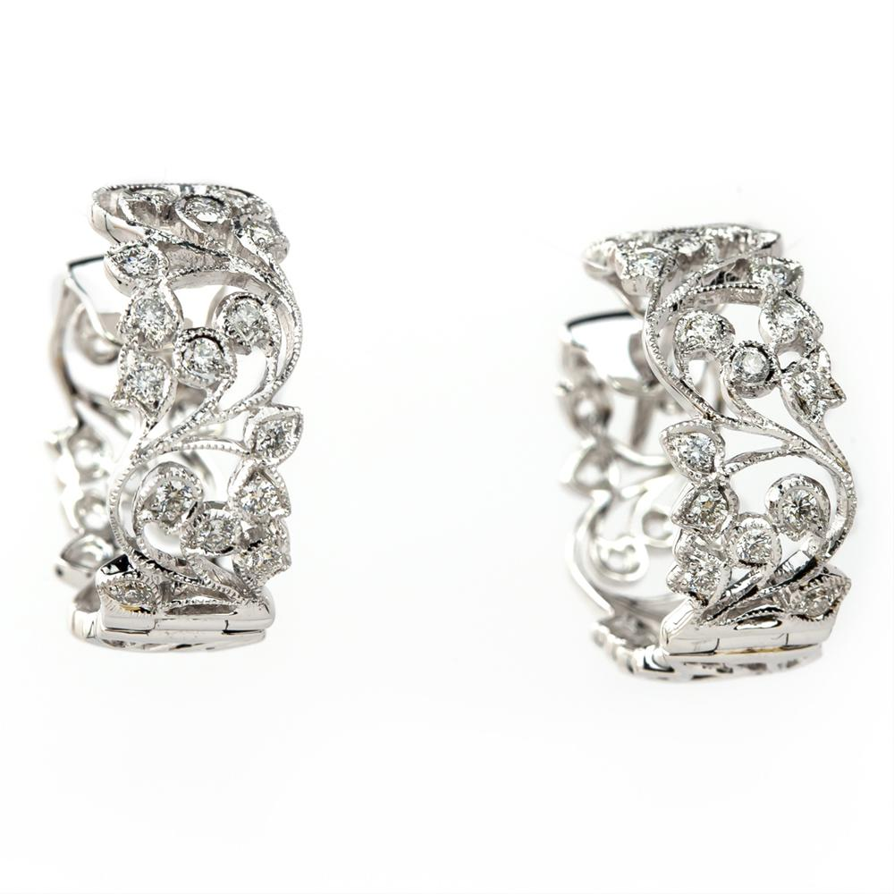 Diamond Flower Huggy Hoop Earrings 18K White Gold 1/2 Carat
