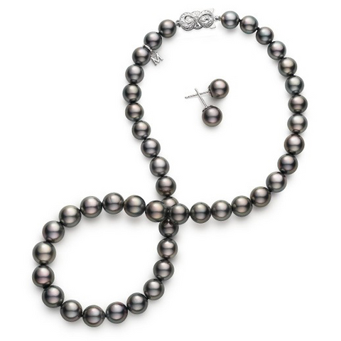 Mikimoto Black South Sea Pearl Necklace Strand & Stud Earring Set Special Edition