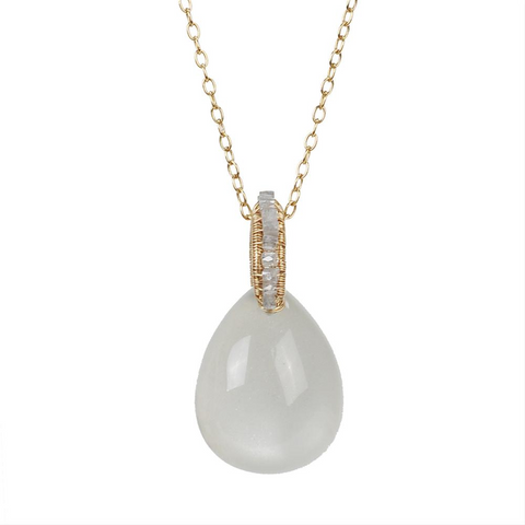Dana Kellin Grey Moonstone & Diamond Yellow Gold Wire Wrapped Pendant Necklace
