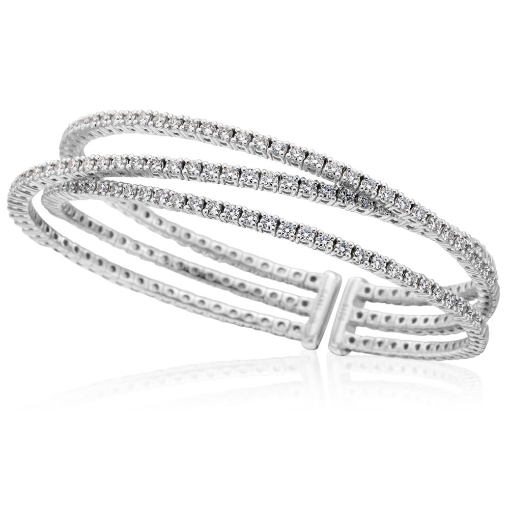 18K White Gold Triple Row Diamond Cuff Bracelet 3.15 Carats
