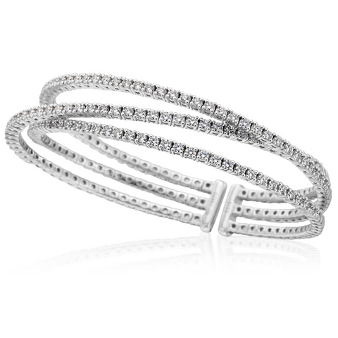18K White Gold Triple Row Diamond Cuff Bracelet 3.15 Carats