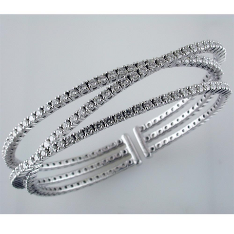 18K White Gold Triple Row Diamond Cuff Bracelet 3.15 Carats