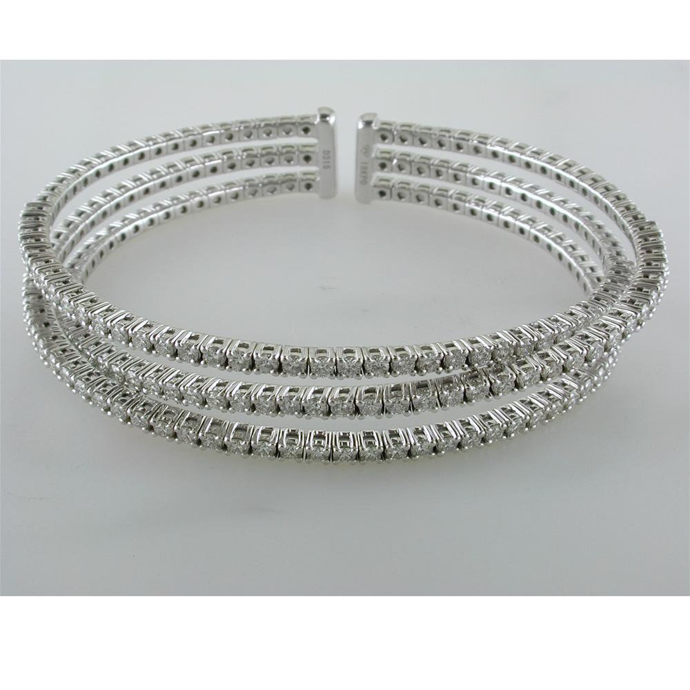 18K White Gold Triple Row Diamond Cuff Bracelet 3.15 Carats