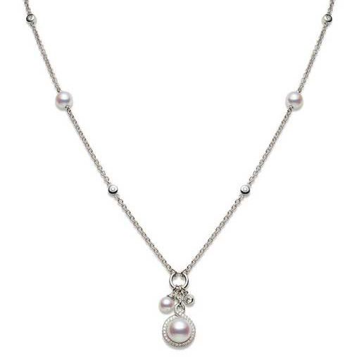 Mikimoto Petite Soleil Diamond & Pearl Necklace Triple Drop Pendant