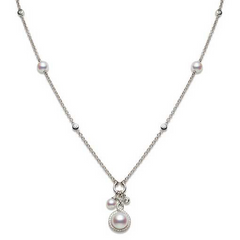 Mikimoto Petite Soleil Diamond & Pearl Necklace Triple Drop Pendant