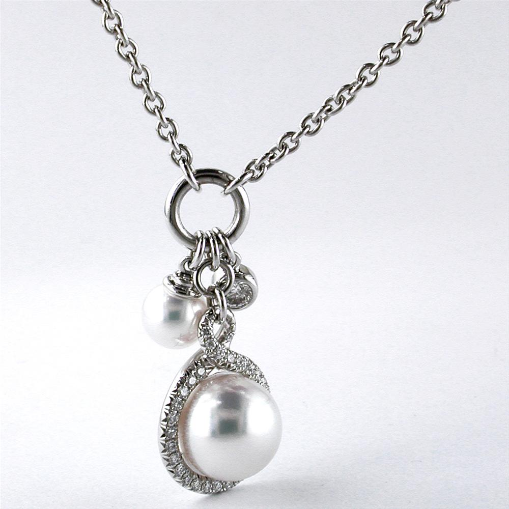 Mikimoto Petite Soleil Diamond & Pearl Necklace Triple Drop Pendant