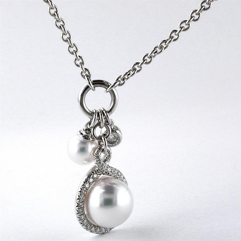 Mikimoto Petite Soleil Diamond & Pearl Necklace Triple Drop Pendant