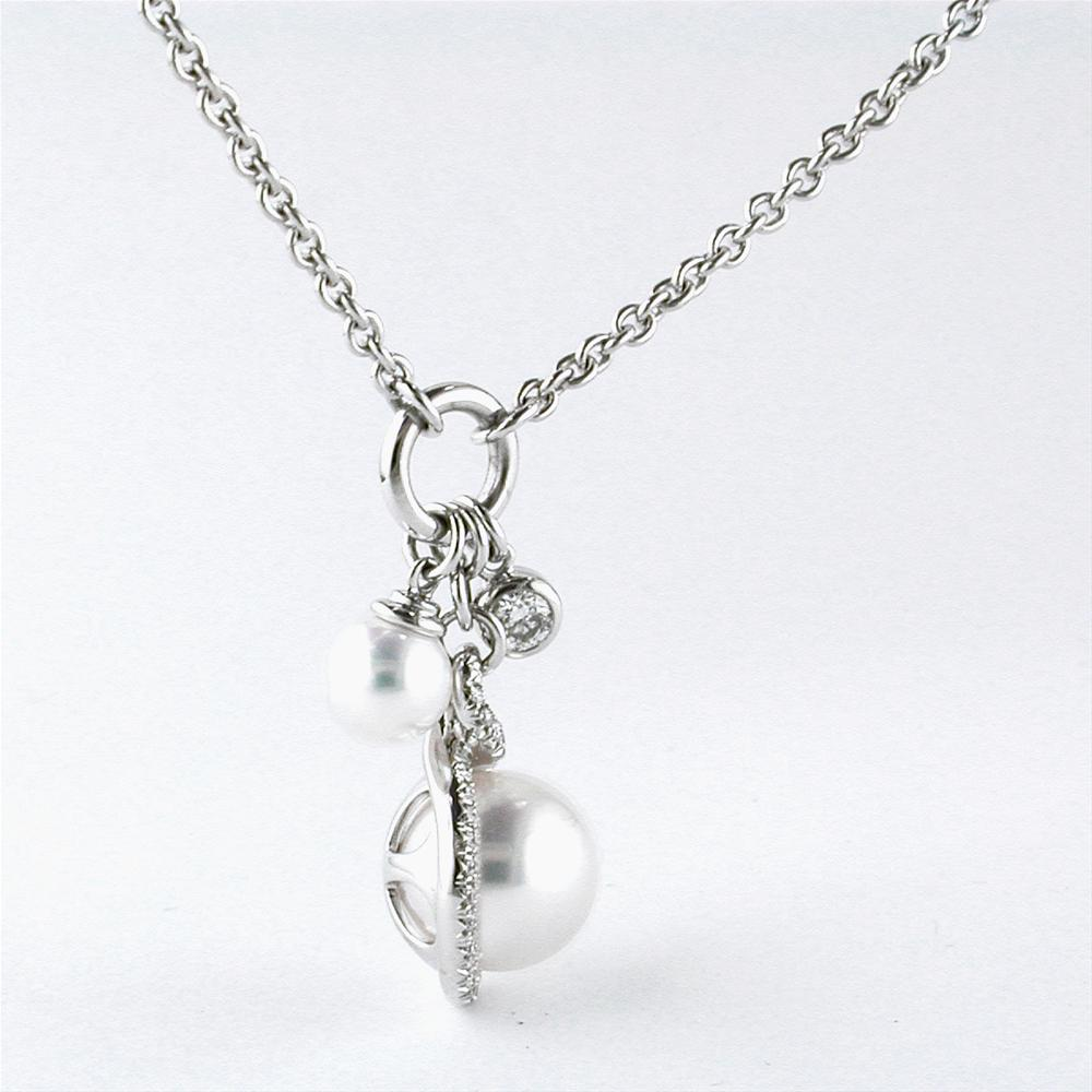 Mikimoto Petite Soleil Diamond & Pearl Necklace Triple Drop Pendant