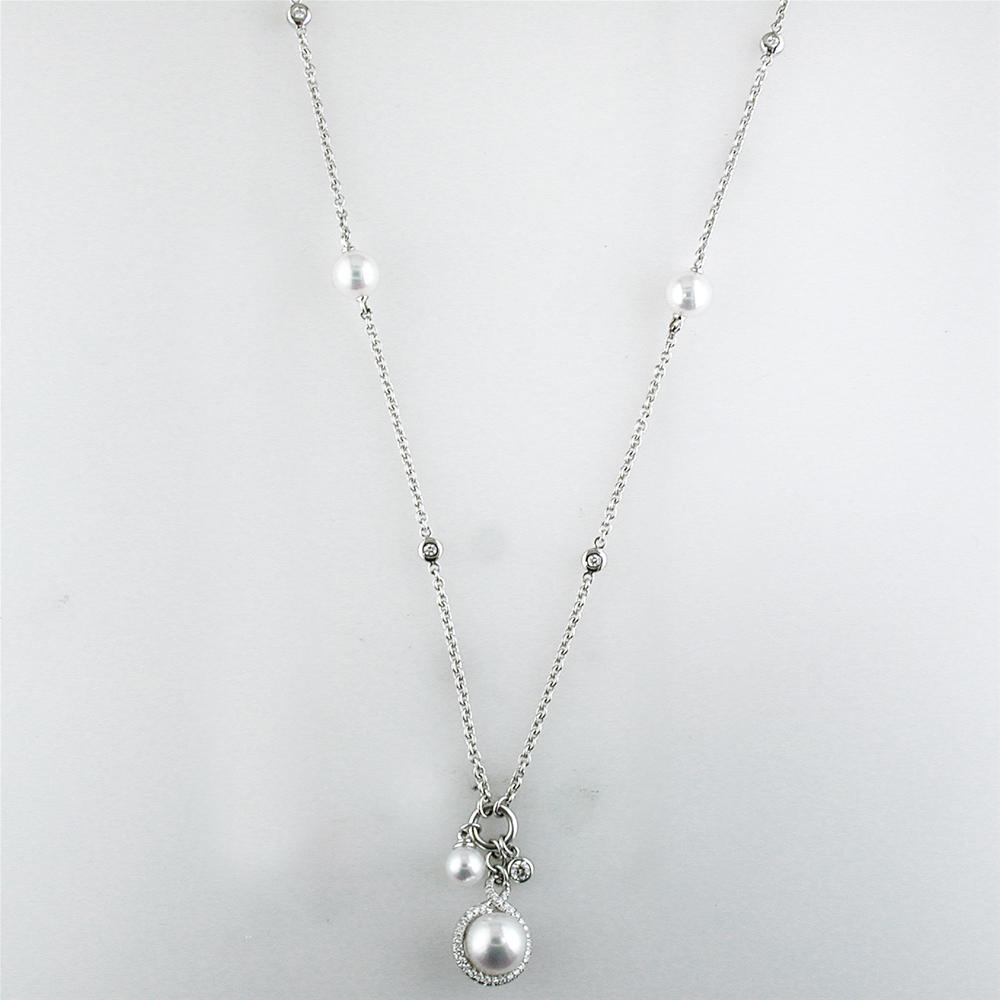 Mikimoto Petite Soleil Diamond & Pearl Necklace Triple Drop Pendant