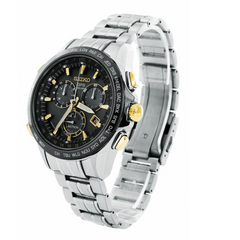 Seiko Astron GPS Solar 44.6mm Watch Titanium with Yellow Gold & Ceramic Bezel Black Dial Series 8X82 SSE007