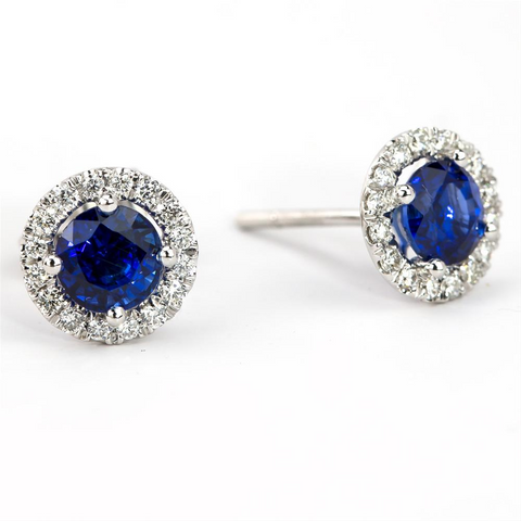 Sapphire & Diamond Round Halo Stud Earrings 14K White Gold