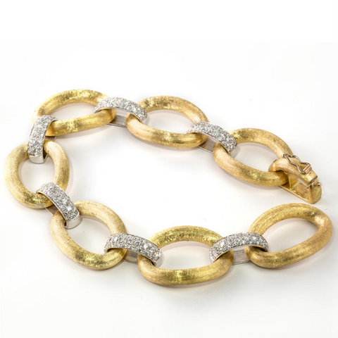 18K Yellow Gold Large Oval & Pave Diamond Link Bracelet ITALY