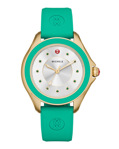 Michele Cape Topaz Kelly Green Yellow Gold Tone Case Silver Sunray Dial Watch