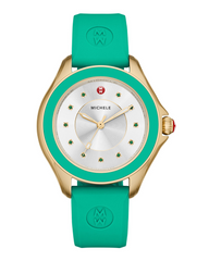 Michele Cape Topaz Kelly Green Yellow Gold Tone Case Silver Sunray Dial Watch