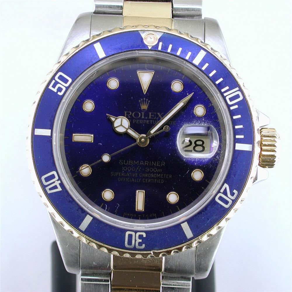 Rolex Blue Submariner Watch 16613 Dial Yellow Gold Steel Oyster 1995 16613