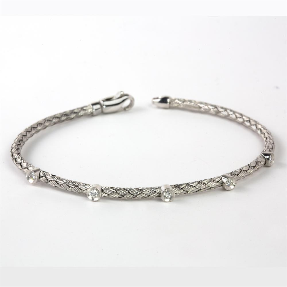 Flexible Woven 14K White Gold Bracelet with Diamonds