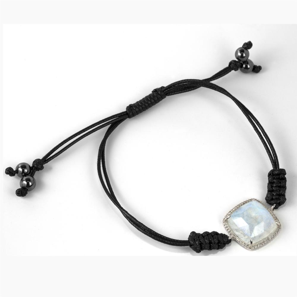 Moonstone with Diamond Halo 14K White Gold Bracelet on a Black Cord