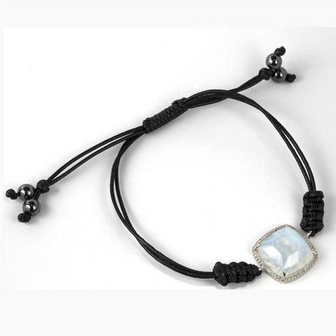 Moonstone with Diamond Halo 14K White Gold Bracelet on a Black Cord