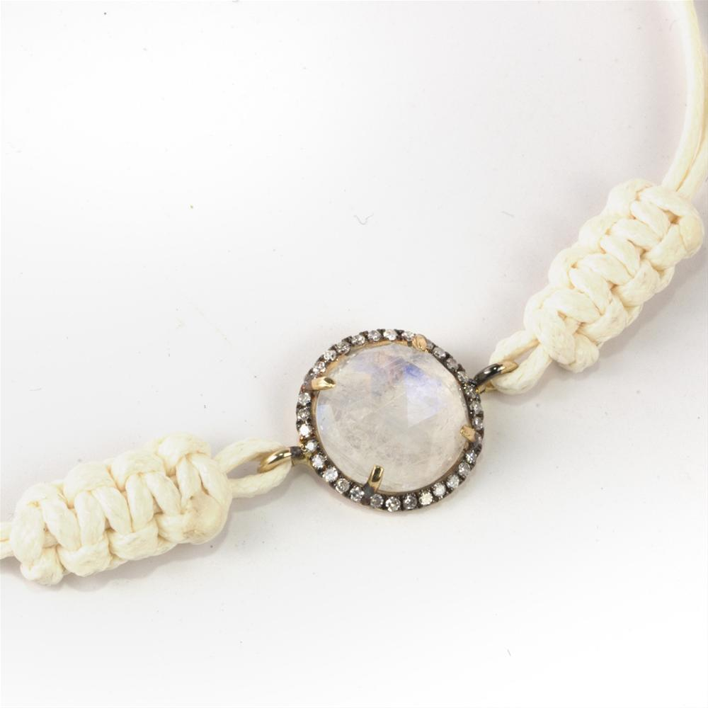 Moonstone with Diamond Halo 14K Yellow Gold Bracelet on a White Cord