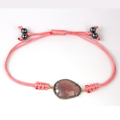 Pink Sapphire Freeform Shaped Bracelet with Diamonds & Pink Cord on Blackened Gold