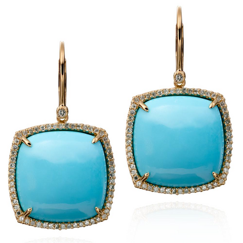 Cushion Shaped Turquoise & Diamond Halo Dangle Drop Earrings