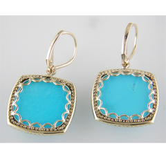 Cushion Shaped Turquoise & Diamond Halo Dangle Drop Earrings
