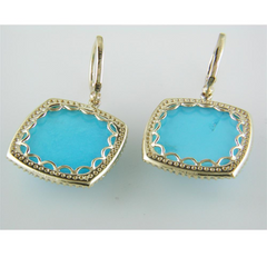 Cushion Shaped Turquoise & Diamond Halo Dangle Drop Earrings