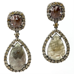 Pear & Cushion Shaped Rose Cut Fancy Grey & Brown Diamond Dangle Earrings with Champagne Diamond Halos