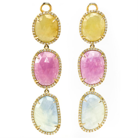 Multi-Colored Pastel Oval Sapphire & Diamond Spring Leaf Dangle Drop Earrings