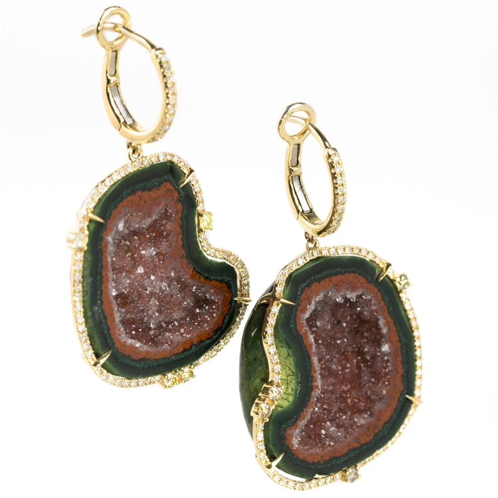 Geode Druse (Drusy) (Druzy) Collector's Gem Quartz Dangle Earrings with Diamonds in Yellow Gold
