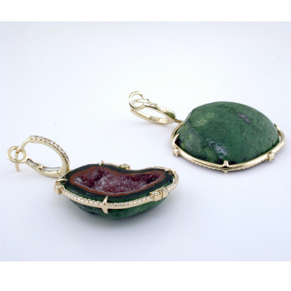 Geode Druse (Drusy) (Druzy) Collector's Gem Quartz Dangle Earrings with Diamonds in Yellow Gold