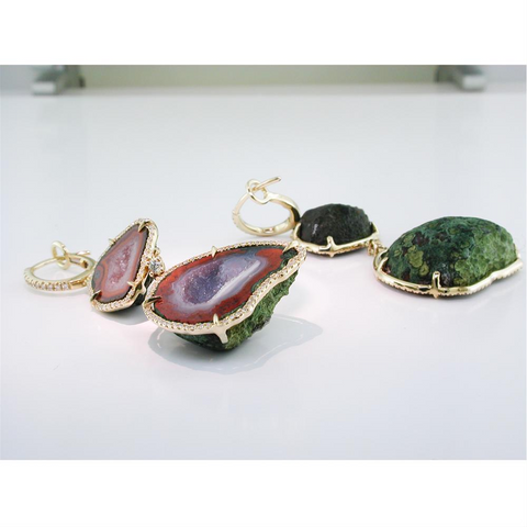 Geode Druse (Drusy) (Druzy) Collector's Gem Quartz Double Dangle Earrings with Diamonds in Yellow Gold