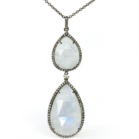 Large Moonstone & Grey Diamond Pear Shape Drop Pendant Necklace Blackened Gold