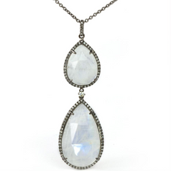 Large Moonstone & Grey Diamond Pear Shape Drop Pendant Necklace Blackened Gold