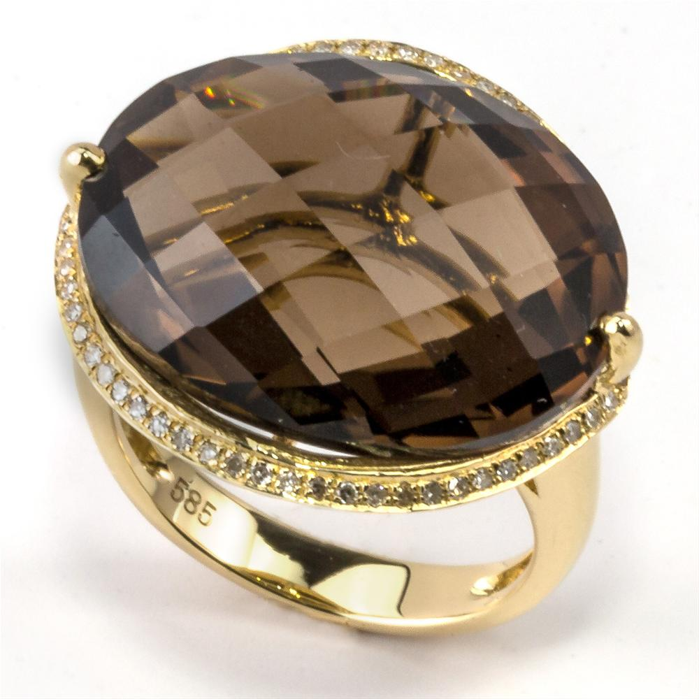 Oval Smoky Topaz Diamond Halo 14K Yellow Gold Ring