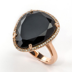Black Chalcedony "Onyx" Freeform cocktail Ring with Diamond Halo in Rose Gold