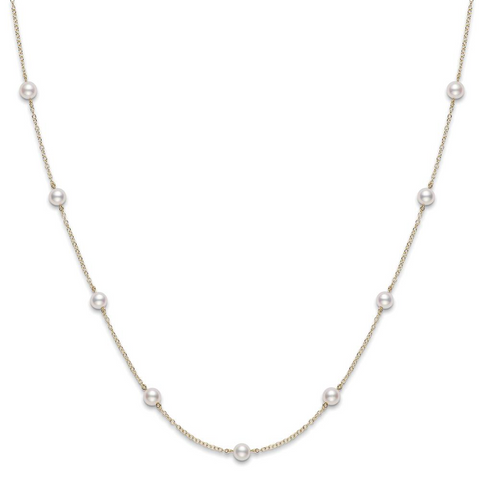 Mikimoto Akoya White Pearl Station Necklace 18" Yellow Gold