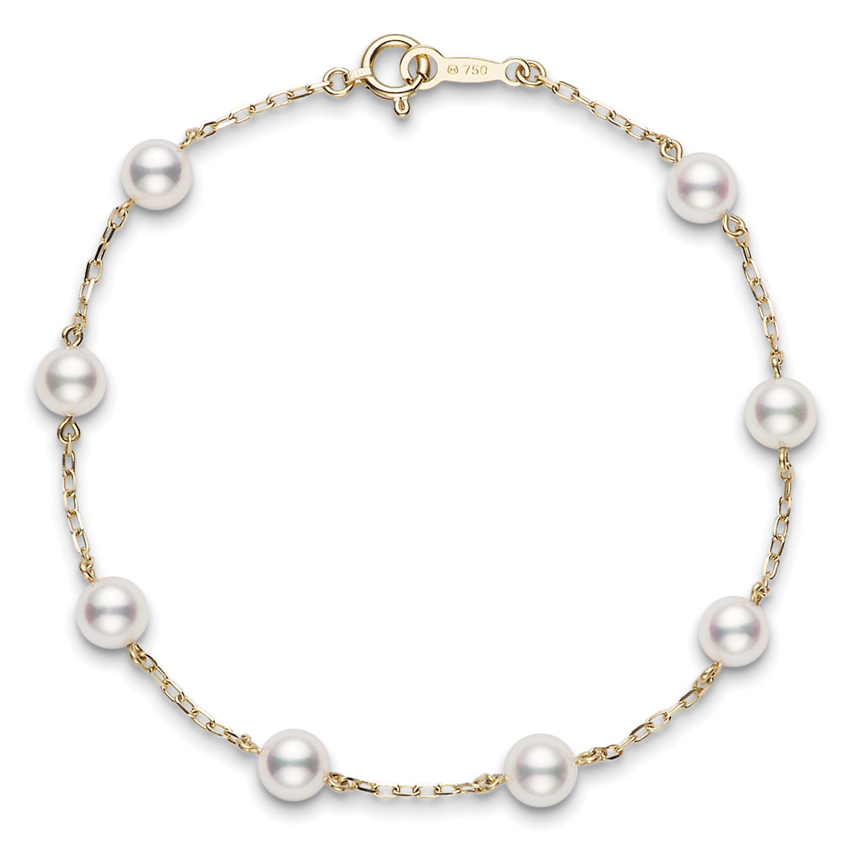 Mikimoto Akoya White 5mm Pearl Station Bracelet 7" Yellow Gold