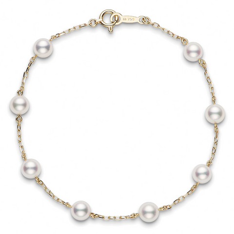 Mikimoto Akoya White 5mm Pearl Station Bracelet 7" Yellow Gold