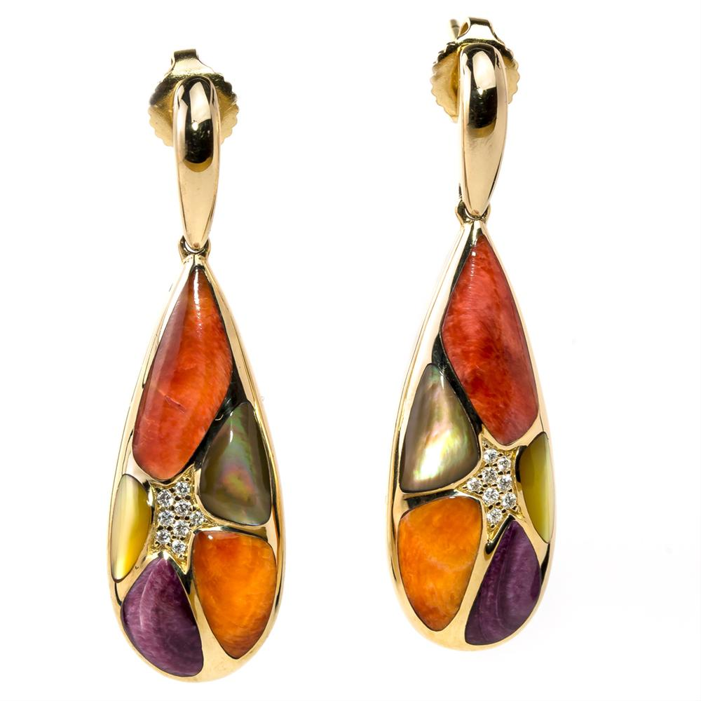 Kabana Mixed Spiny Oyster and Mother of Pearl Teardrop Earrings Yellow Gold