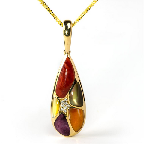 Kabana Mixed Spiny Oyster and Mother of Pearl Teardrop Pendant Necklace Yellow Gold